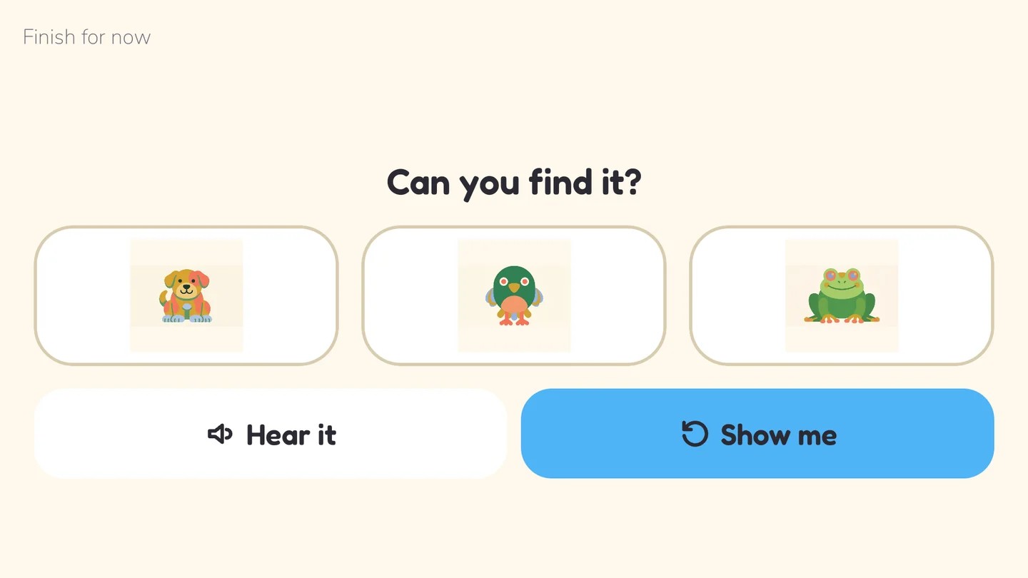 Roarling asks a child to choose between pictures of a dog, a bird and a frog. Hear it and Show me buttons offer help.